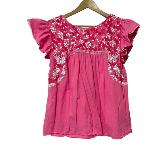 J. Marie Hot Pink Ruffle Sleeve Embroidered Cam Top Size Large Preppy Boho - Picture 3 of 6